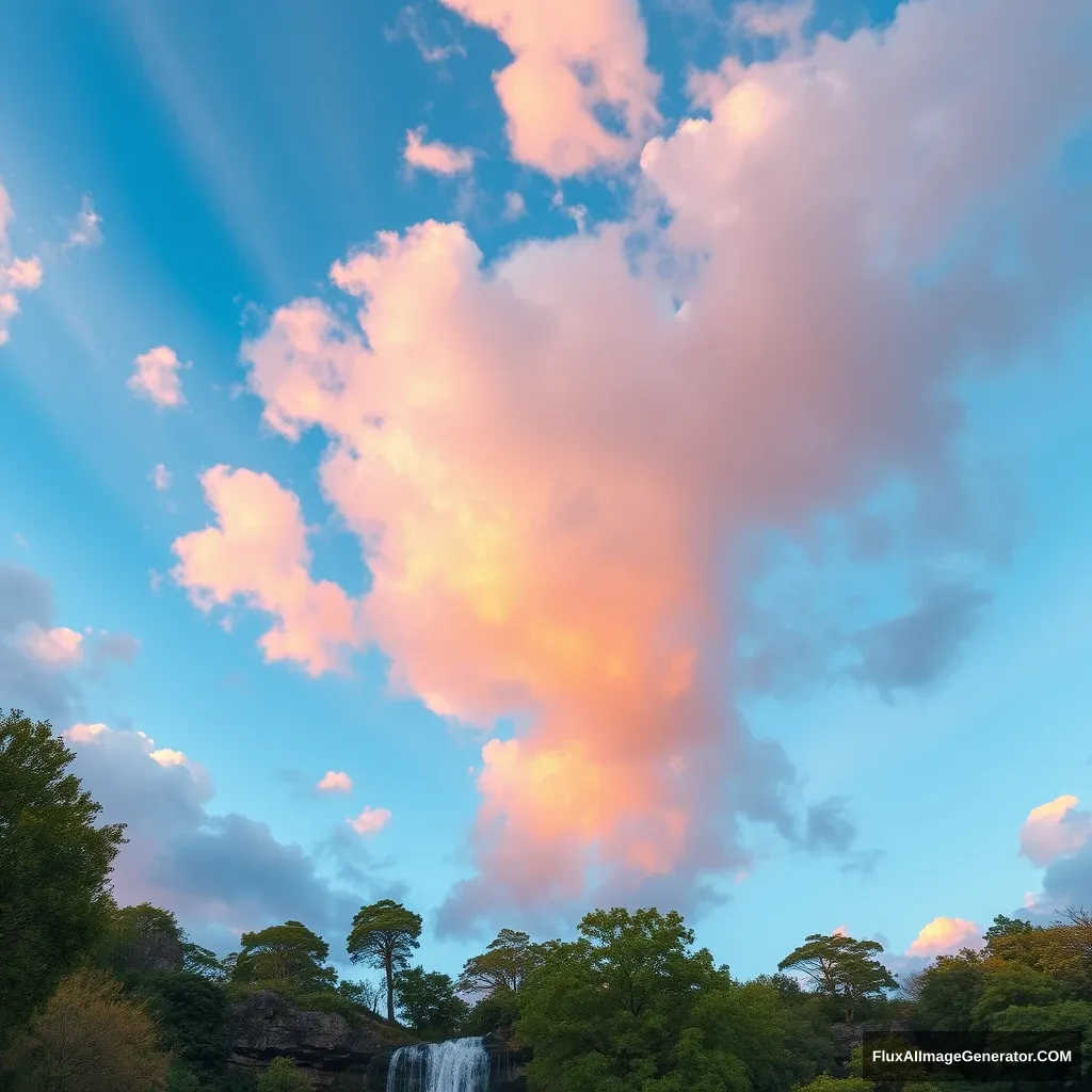 hotpink, deeppink, fuchsia, deepskyblue, cyan, springgreen, sandybrown, orangered, gold, mediumturquoise, palegreen, blue sky with clouds, grove, waterfall, crepuscular rays, wide view, extremely detailed, 8K --ar9:16