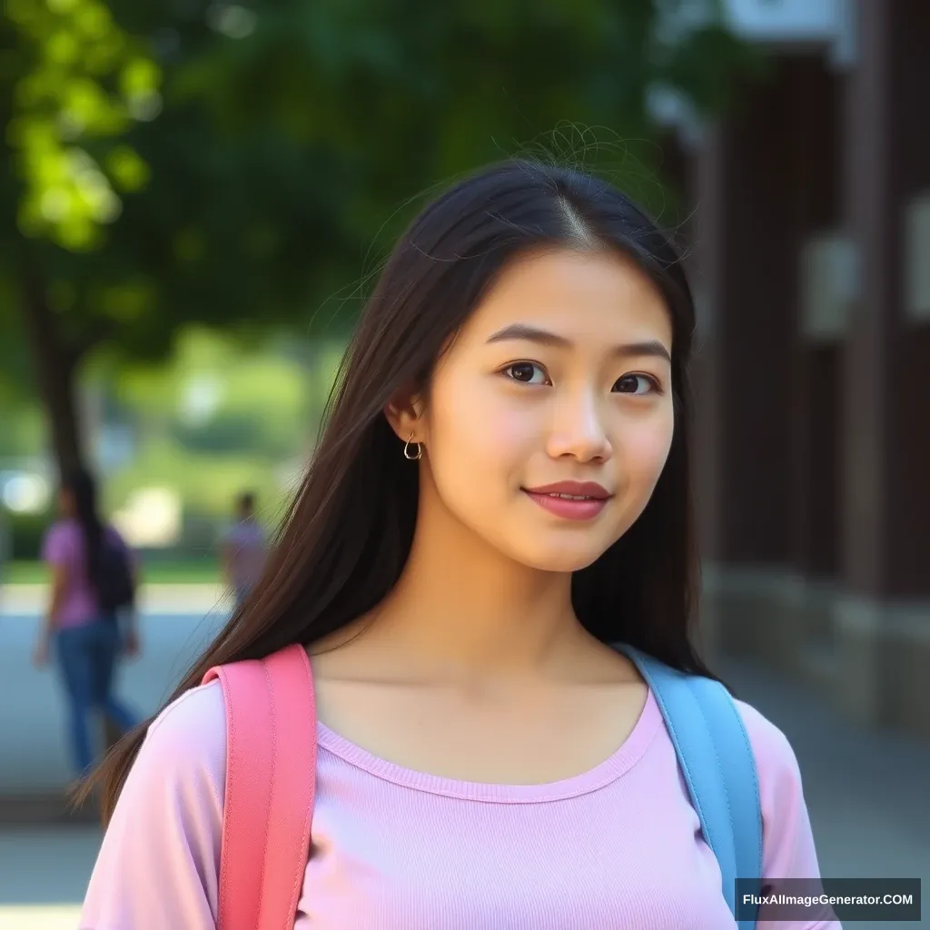 Young woman, professional photo, at college, pastel clothing, face and torso, summertime. - Image