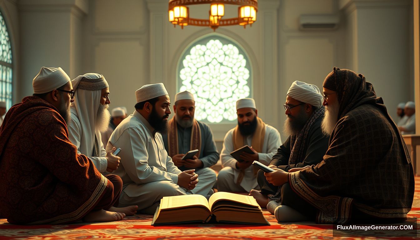 "A group of Muslims earnestly discussing in a calm and scholarly environment. Ultra HD, realistic, educational, with warm and cinematic lighting."