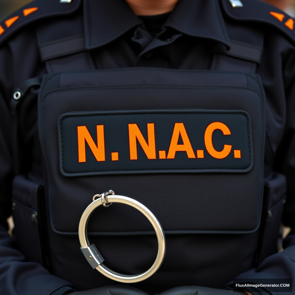 A soldier in a black uniform with a black and orange N.A.C. inscription on his vest, with handcuffs on his hands.