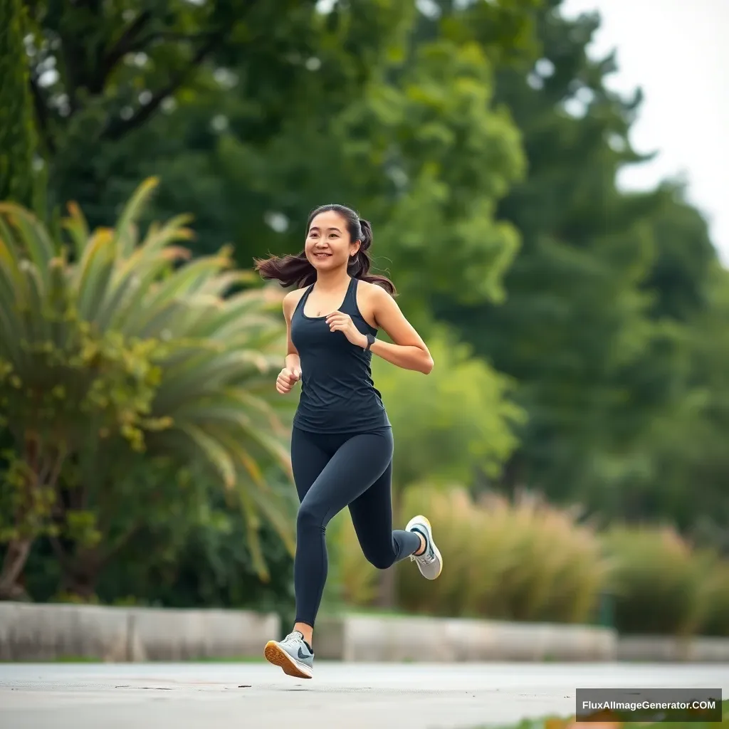 A woman running, Asian, young married woman, yoga athletic wear.