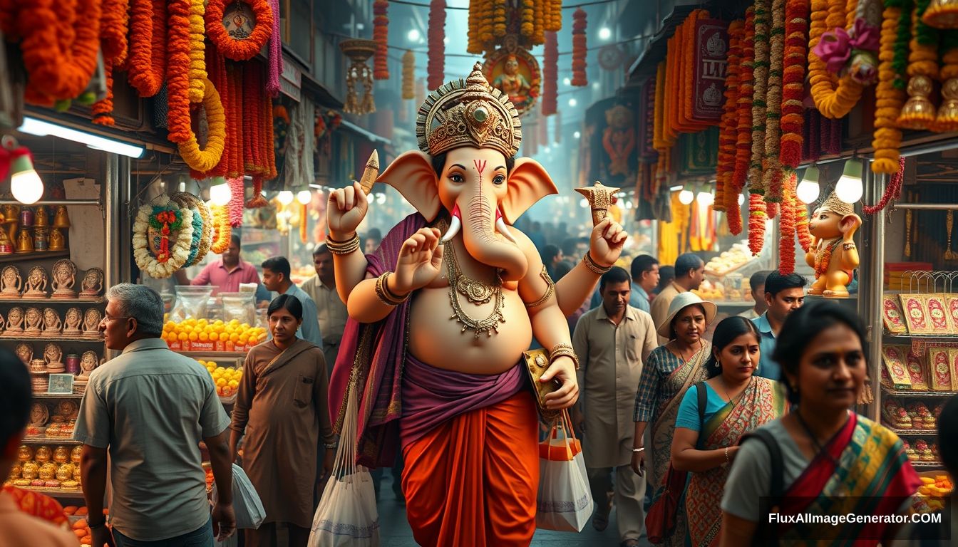 Visualize Lord Ganesha as a real human god, navigating a bustling, dense Indian market in preparation for his own festival. The market is lively and crowded, with vibrant stalls overflowing with marigold garlands, clay idols, sweets, and festival decorations. Surround him with real, everyday people who are unaware of his divine presence, going about their shopping, bartering with vendors, and carrying bags filled with festival essentials. Ganesha, dressed in a blend of traditional dhoti and modern attire, should be depicted with a serene yet amused expression as he picks out the best offerings, from the freshest flowers to the most ornate decorations. Capture the vivid colors, the cacophony of sounds, and the rich scents of an authentic Indian market, with Ganesha seamlessly blending into the crowd, embodying the divine in the midst of everyday life. It's evening time with lots of lights. Unreal Engine, 4k, change the camera angle. Ganesha should look like he is also walking with people; Ganesha should have the four hands as per the Ganesha idol. Nice, add a little more details.