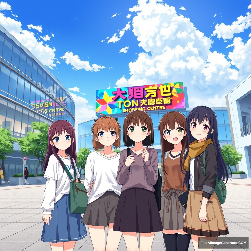 Anime illustration depicting four teenage girls standing in an outdoor plaza, delightfully looking at the viewer and posing. Behind them is the building of a modern shopping mall with a colorful signboard "Tung Chung Town Shopping Centre" displayed on it, indicating the name of the shopping mall. The weather is very good and comfortable, with a beautiful blue sky, white clouds, and sunlight.