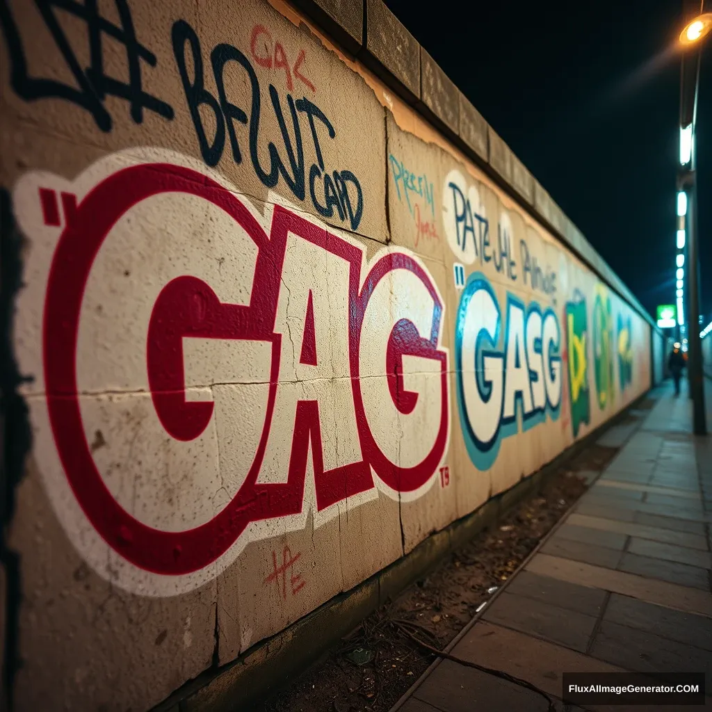 Graffiti on the Berlin wall with the text "GAG Effect Card". Low angle low depth of field, high quality, photorealistic, neon lighting, wide angle.