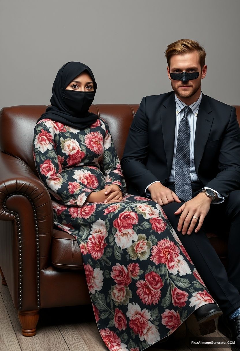 A biggest black hijab girl, slim girl, beautiful eyes, face mask black, biggest floral longest dress, sitting on leather single wing sofa, 

Jamie Dornan, youngest, black suit coat, grey pattern tie, black leather sneaker, tall man, face mask black, tough body, sitting near her,

hyper realistic, studio photography. - Image