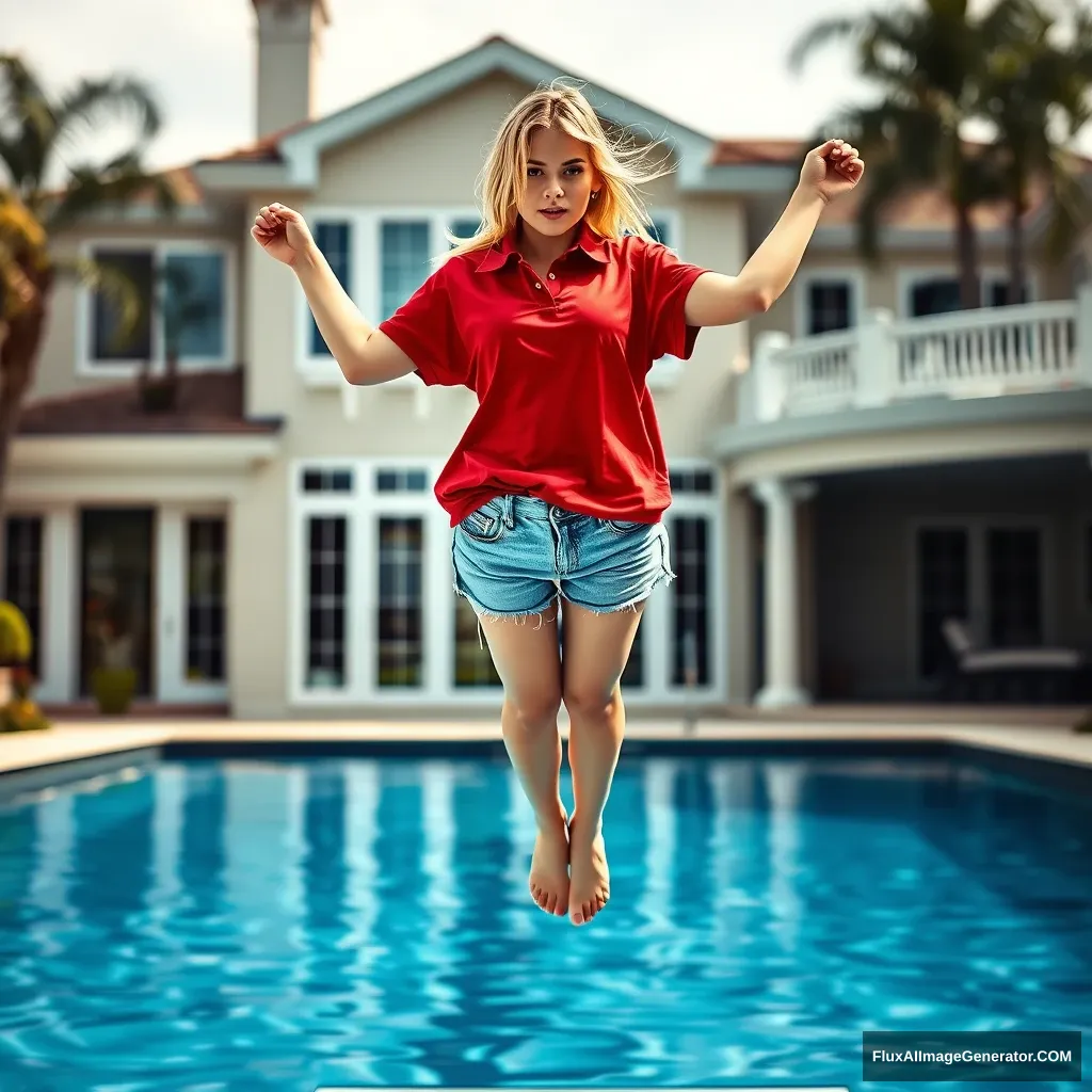 Front view of a young blonde skinny woman who is in her early twenties in her massive backyard, wearing an oversized red polo t-shirt that is slightly off balance on one shoulder. The bottom part of her t-shirt is tucked in on all sides. She is also wearing small light blue denim shorts and is barefoot, with no shoes or socks. She dives headfirst into her luxurious pool, flipping upside down after leaping off the diving board. - Image