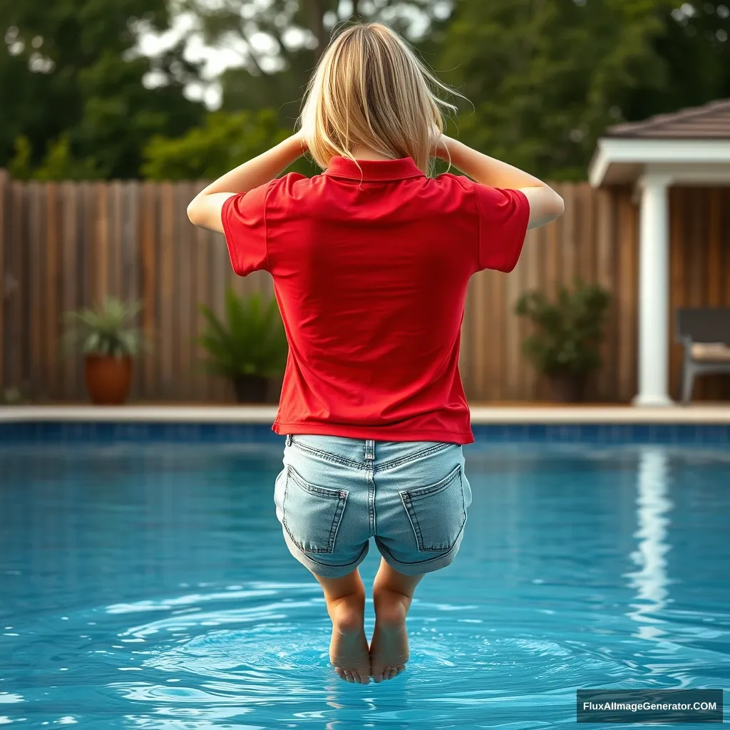 Back view of a young skinny blonde woman with a good tan, in her early twenties, is in her large backyard wearing an oversized red polo t-shirt that is slightly off-balance on one shoulder, with the bottom part untucked. She is also wearing M-sized light blue denim shorts and has no shoes or socks. She dives into her pool headfirst.