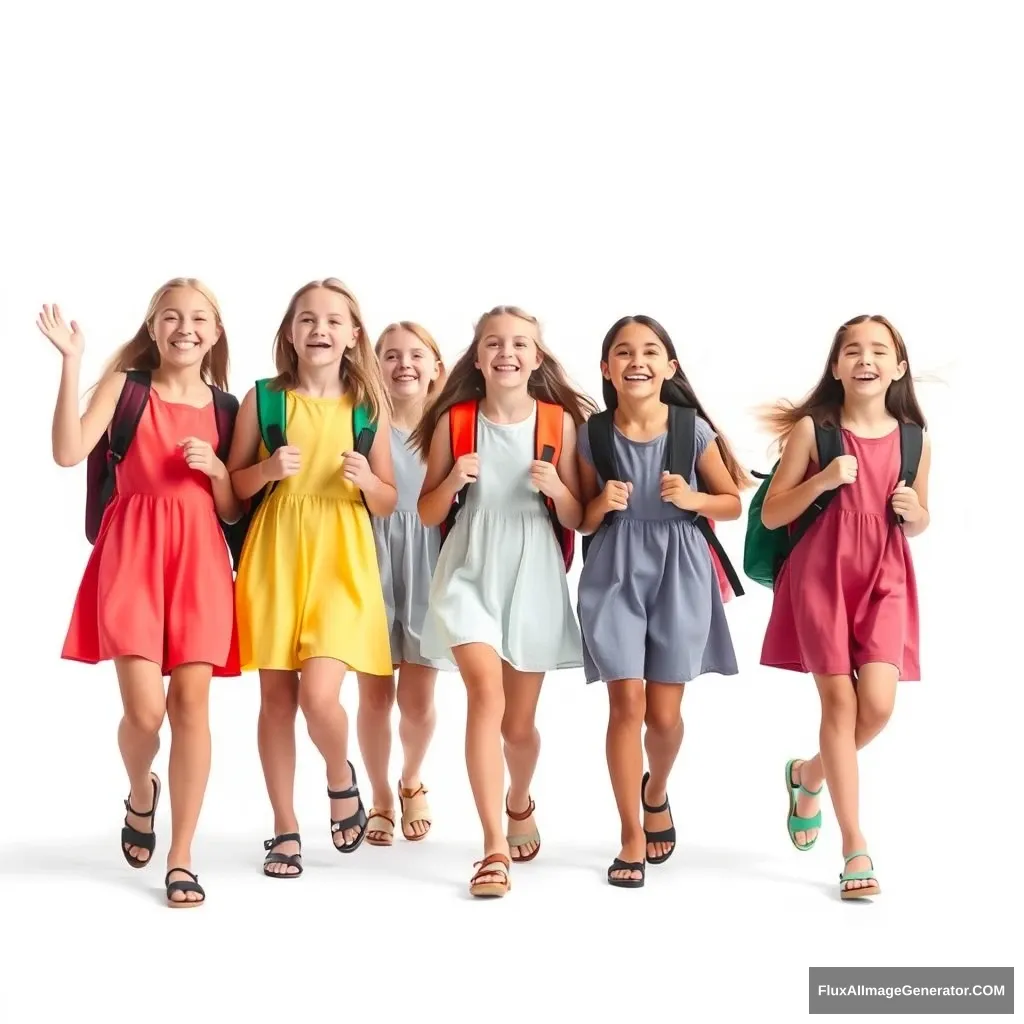 Create a photo of a group of 16-year-old teenage girls wearing dresses and sandals. They are joyfully walking towards the camera as the holidays begin. They are carrying school backpacks and cheering. The background is white, with no text. The children are fully visible.