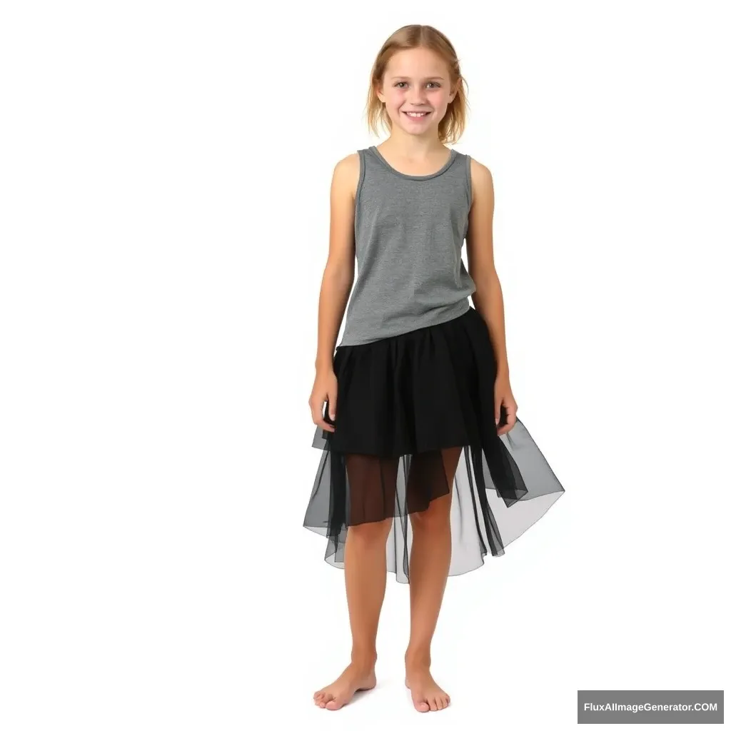 "Create a photo of a 16-year-old German girl wearing a short black layered skirt and a gray sleeveless top. She is barefoot. The background is white, with no text. The person is fully visible and seen from the front." - Image