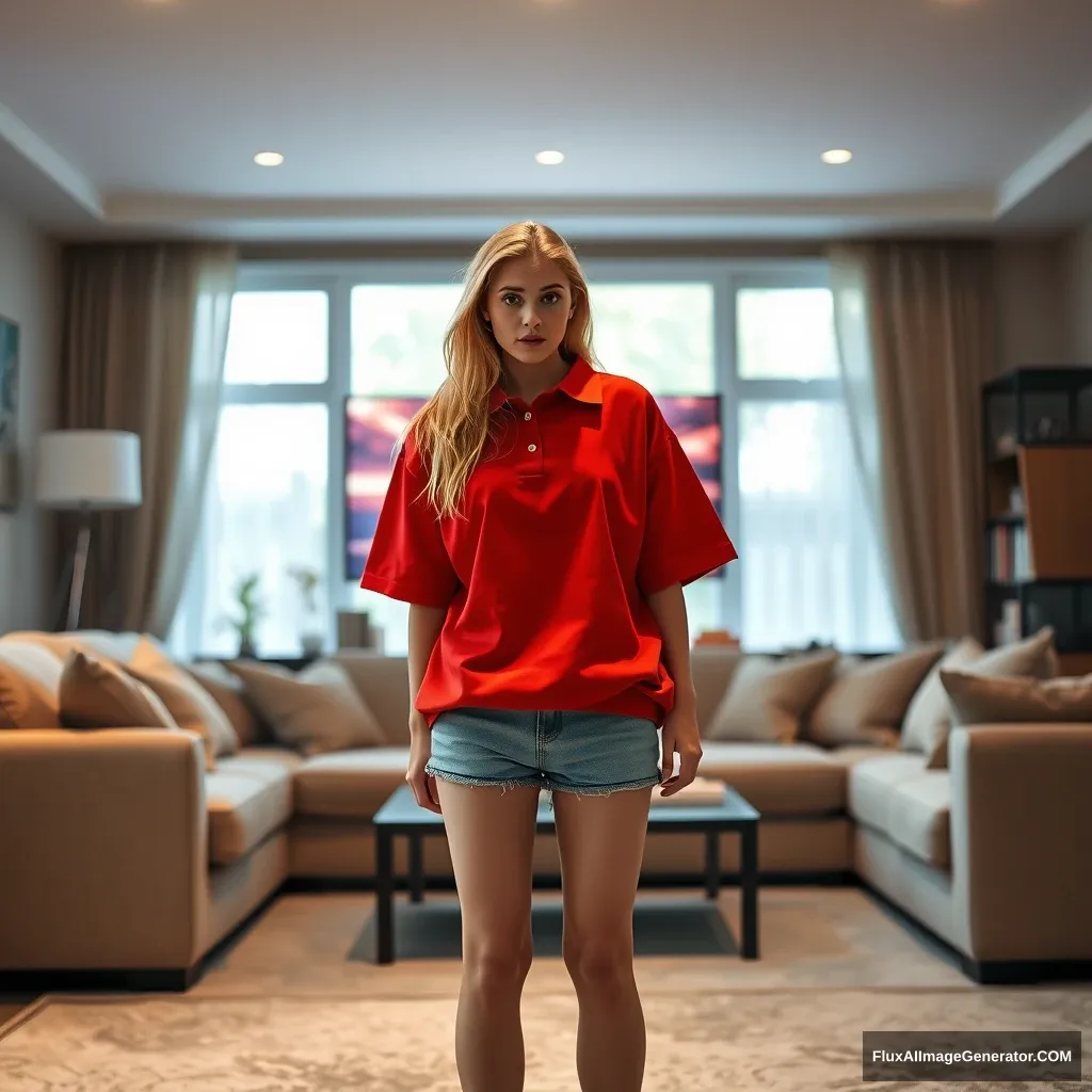 Front view of a young blonde skinny woman in her early twenties in her massive living room, wearing a massively oversized red polo t-shirt that is really off balance on one shoulder. The bottom part of her t-shirt is tucked in, and she is also wearing light blue denim shorts, with no shoes or socks. She faces her TV with a shocked expression and dives into the magical TV.