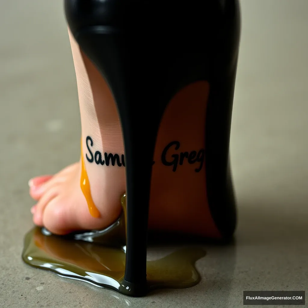 The name "Samuel Greg" on a woman's foot in a black high heel. There is oil all over the foot. - Image