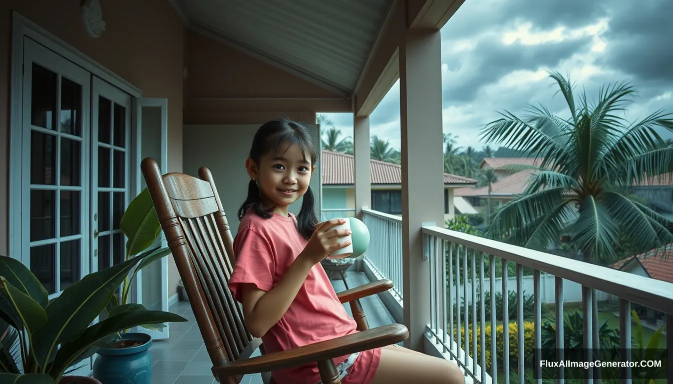 the style of Hirohiko Araki Kubrick, a 10-year-old Thai beauty girl, with ponytails, wearing a pink t-shirt, sitting on a rocking chair, sipping hot coffee, chilling on the balcony of a house in Chonburi, enjoying the morning atmosphere with dark blue clouds, cool wind in front of the house, with a garden, banana trees, coconut trees, heavy rain atmosphere, Oil painting, sharp 3d, 40k, pastel colour.