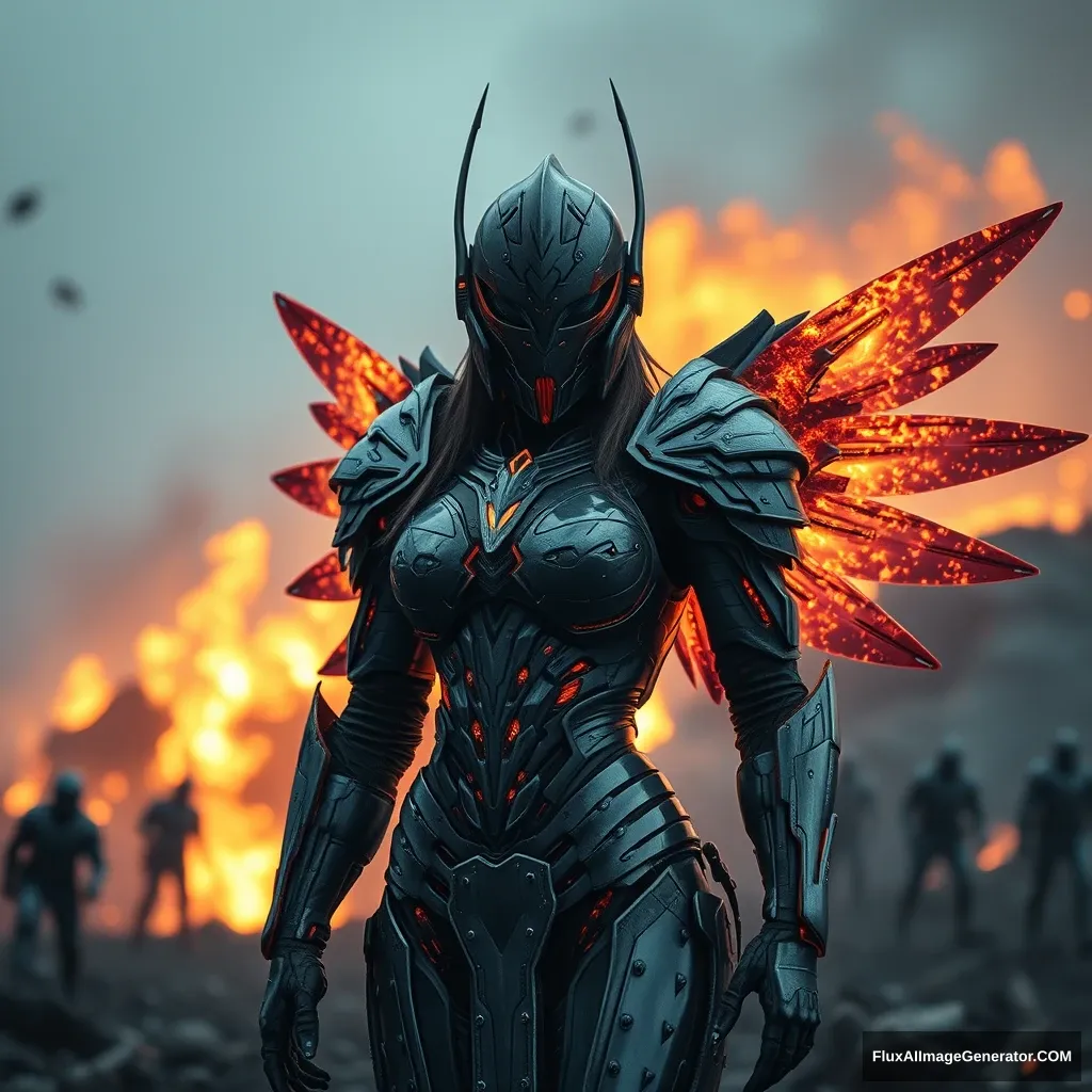 Cinematic shot of a female cyborg Valkyrie rising from ashes, armor, full helmet, futuristic, standing on a battlefield, movie scene, film grain, realistic. - Image