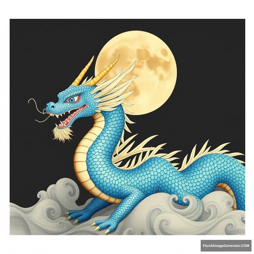 Korean real blue dragon. There is a moon in the background. - Image