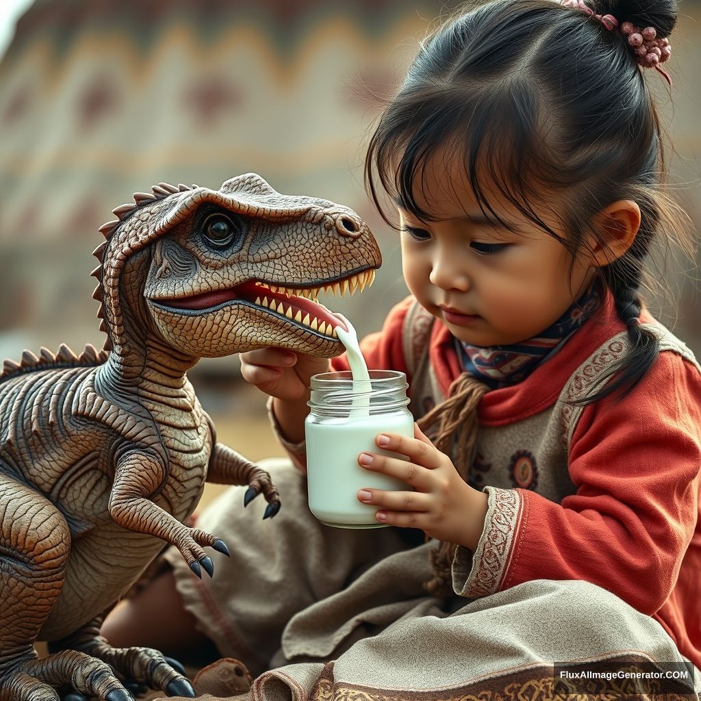 Close-up shot of a little Mongolian girl sitting on the ground as she feeds a little baby dinosaur T-rex cub Mongolian yogurt from a glass jar and strokes its head, Mongolian yurts, steppe Gobi Mongolia, realistic photo, 4K, masterpiece, intricate, highly detailed. - Image