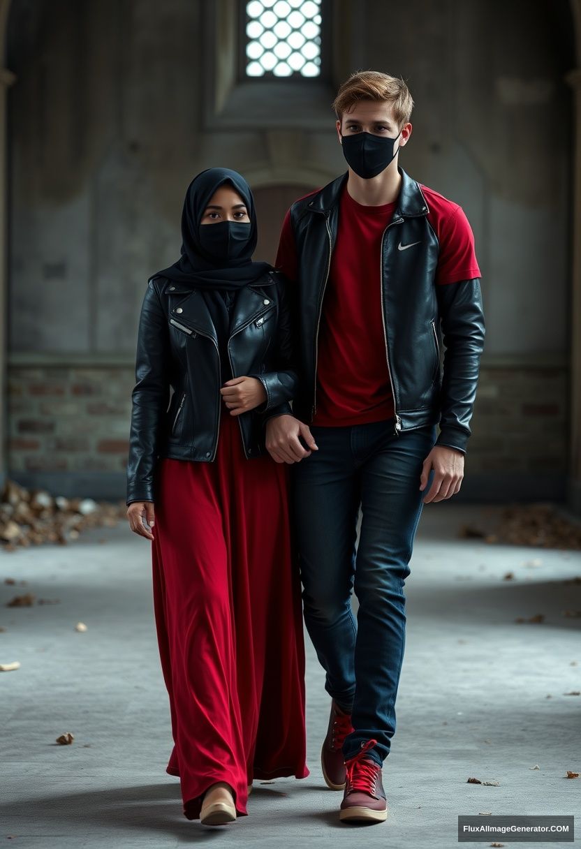 A big black hijab girl with beautiful eyes, wearing a black face mask, a black leather jacket, and the longest red dress, is walking near him and in love, holding his arm, a loving couple.

Jamie Dornan, handsome and young, wearing a black face mask, with a fit and tough body, in a red Nike t-shirt, black leather jacket, jeans, and red sneakers, is tall and walking near her, a loving couple.

Hyper-realistic, photorealistic, studio photography, in Victoria's abandoned castle, gloomy. - Image