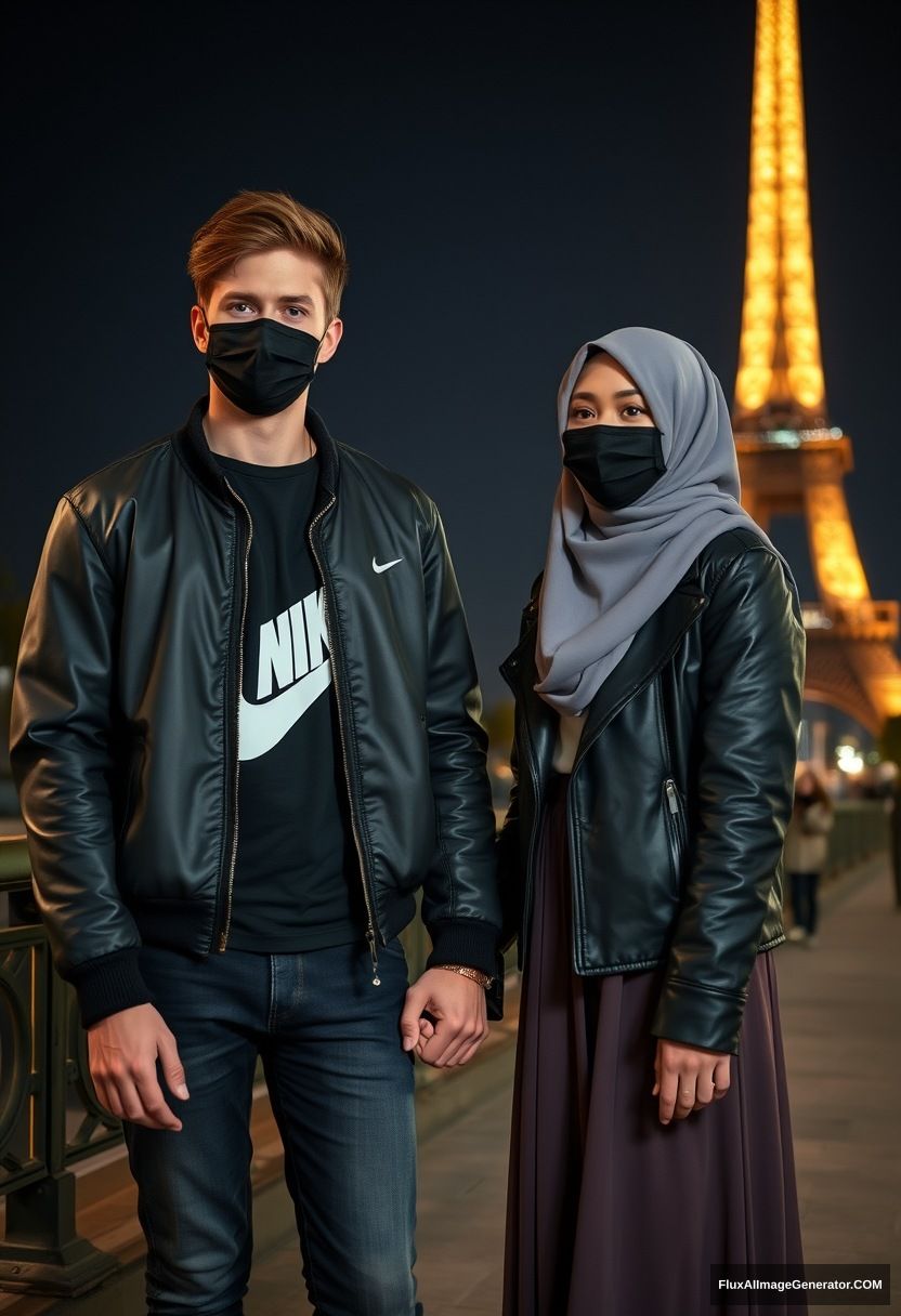 Jamie Dornan, youngest, black face mask, collage jacket, Nike t-shirt, jeans, tall man, fit body,

Dating, love with the biggest gray hijab Muslim girl, beautiful eyes, black face mask, leather jacket, biggest, longest skirt, cute short girl,

standing near the Eiffel Tower, night scenery, hugging his hand, hyper-realistic, photorealistic, street photography. - Image