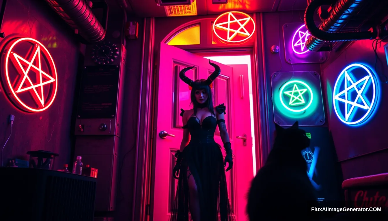 Portrait of a couple: A beautiful goth woman and a black demon step through a glowing door into a dimly lit cyberpunk room with vibrant neon hues reflecting off metallic surfaces, neon pentagrams on the wall and ceiling, and a black cat lurking. - Image