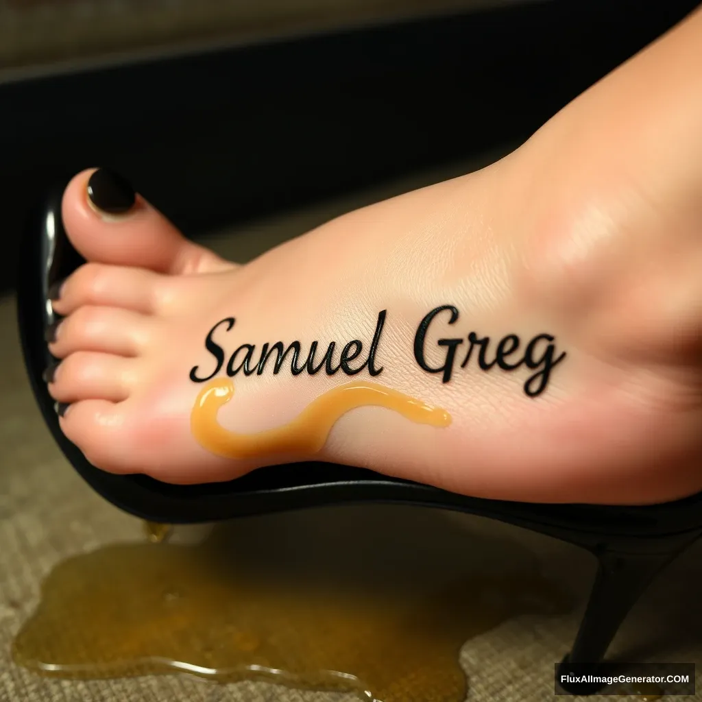 The name "Samuel Greg" on a woman's foot in a black high heel. There is oil all over the foot. - Image