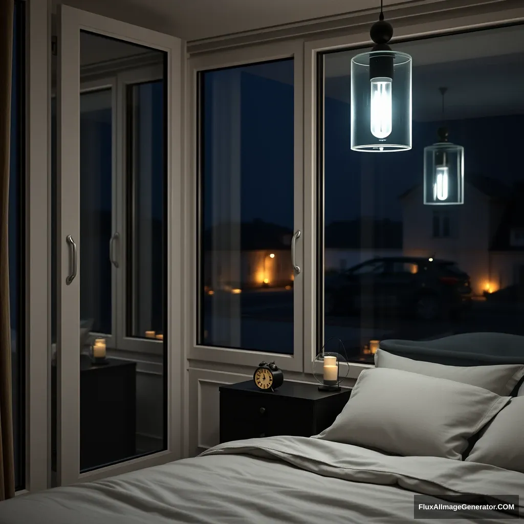 Glass window, modern bedroom apartment in France, lantern lighting, night scenery, 2:00 AM on a small clock at a small desk behind the bed, hyper-realistic, photorealistic. - Image