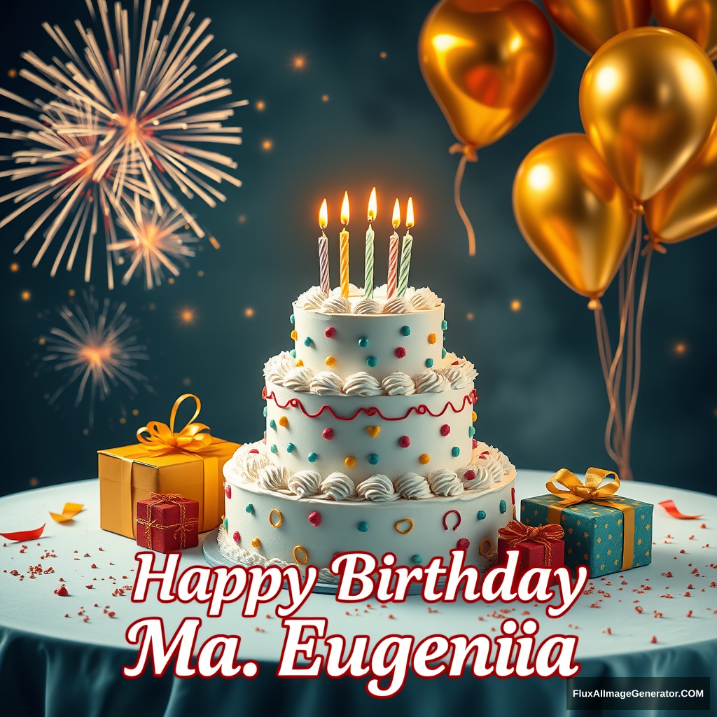 A 2 tiered birthday cake, 5 candles, gifts decorate the table, golden balloons float and fireworks accompany them in the background. A beautiful phrase reads "Happy Birthday Ma. Eugenia".