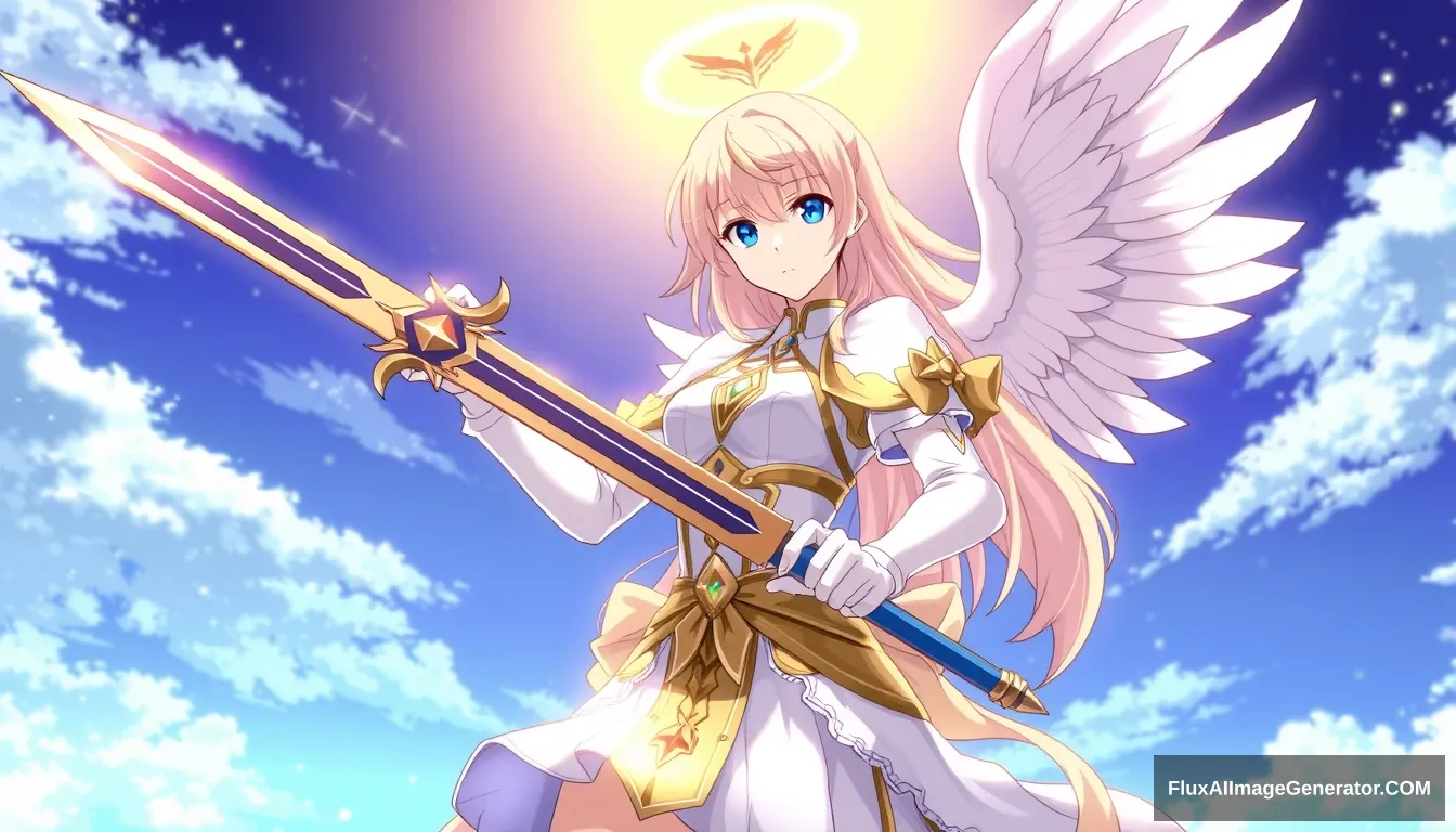 "A female holding a double-handed sword anime holy angel Esser." - Image