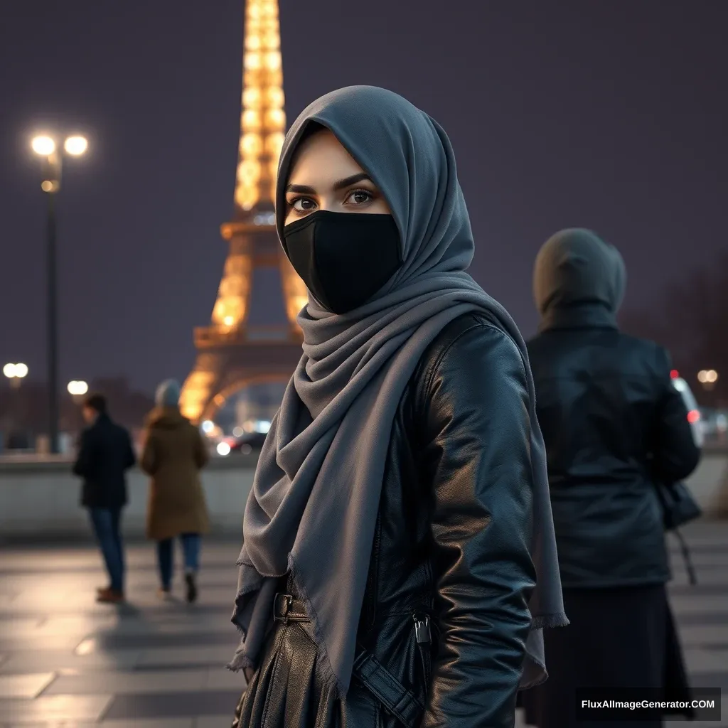 Biggest grey hijab Muslim girl, beautiful eyes, face mask black, leather jacket, biggest longest skirt, standing near Eiffel Tower, night scenery, strangers back, hyper-realistic, photorealistic, street photography.