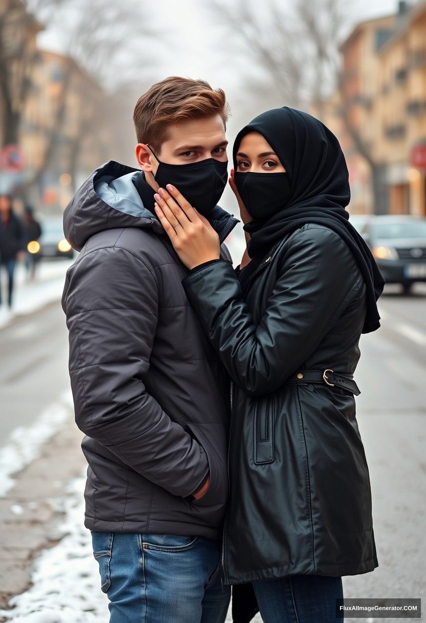 Jamie Dornan, handsome, young, wearing a black face mask, snow jacket, jeans, dating a beautiful Muslim girl in a black hijab, with beautiful eyes, also wearing a black face mask and black leather jacket, in a winter scenery, standing together near a road in town, pinching each other's cheeks, photorealistic, street photography.