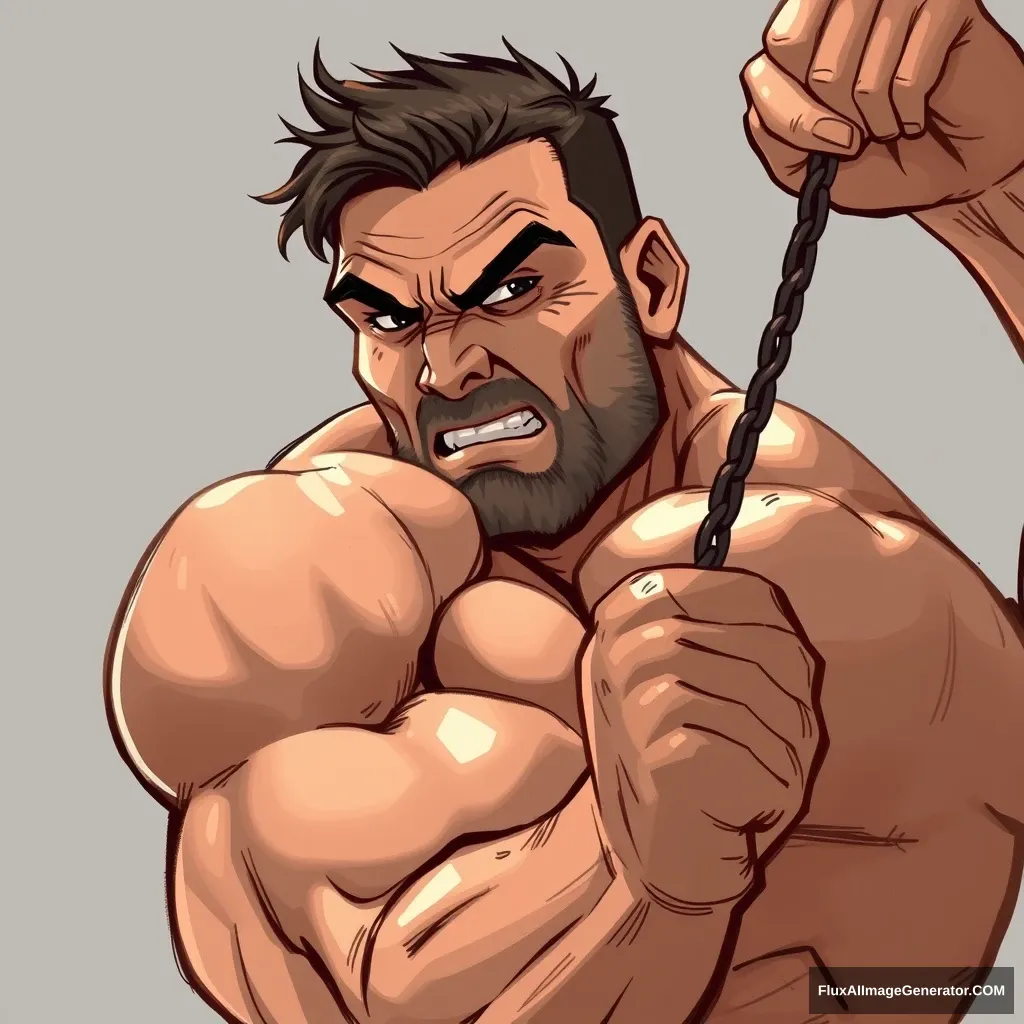 Cel shaded art, a strong man is trying to grab something, portrait.