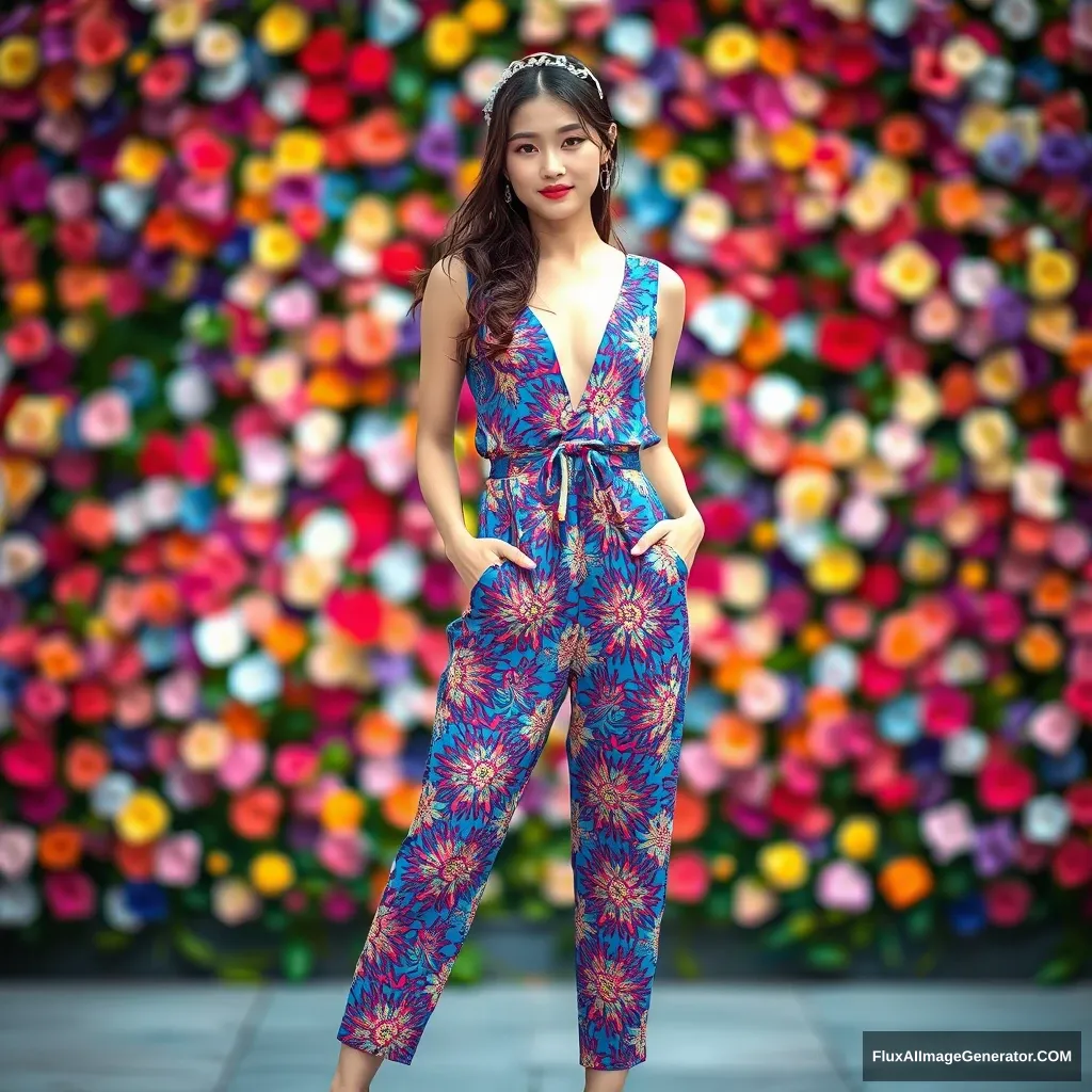 A Korean female fashion model (elegant and gorgeous) is wearing a jumpsuit styled one-piece (colorful patterned based on blue), red high heels, with a silver hairpiece. The front of the top is open, set against a colorful flower wall (defocused). - Image