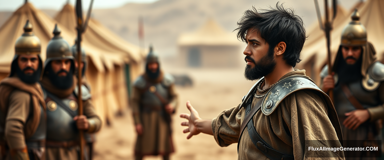 Create an image of two men standing apart and facing off, with a group of four soldiers gathered closely behind the man on the left. The man on the right is young, arms stretched out to the sides, looking shocked with dark, messy, unkempt hair and a beard, dressed in a simple biblical-era shepherd tunic, staring sternly at the man on the left. The other man appears middle-aged, has a Jewish black beard, and is wearing a full suit of biblical-era leather armor along with a conical brass helmet that has a pointed tip. The overall mood of the image is one of anxiety and concern. The background features a blurred ancient biblical Jewish army camp with desert Arabic tents. The overall atmosphere is intense and cinematic. - Image