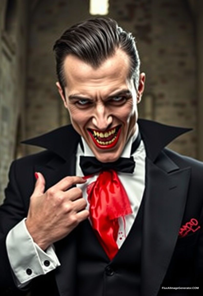 Dracula man, handsome, tuxedo, sharp teeth, blood, scary smile, hyper realistic, studio photography, full body photo, at abandoned castle.