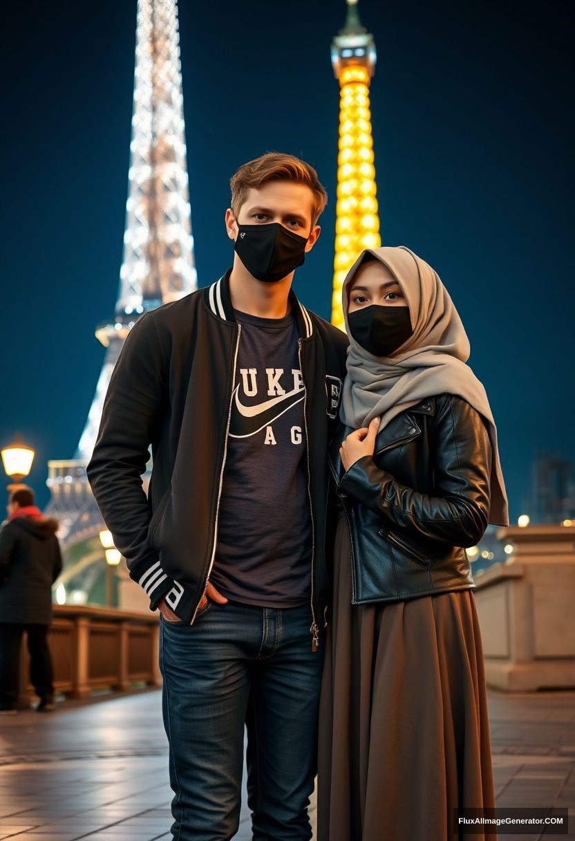 Jamie Dornan, young, black face mask, UK college jacket, Nike t-shirt, jeans, tall man, fit body,

Dating, love with the biggest grey hijab Muslim girl, beautiful eyes, black face mask, leather jacket, biggest longest skirt, cute short girl,

standing near the Eiffel Tower, night scenery, hyper-realistic, photorealistic, street photography.