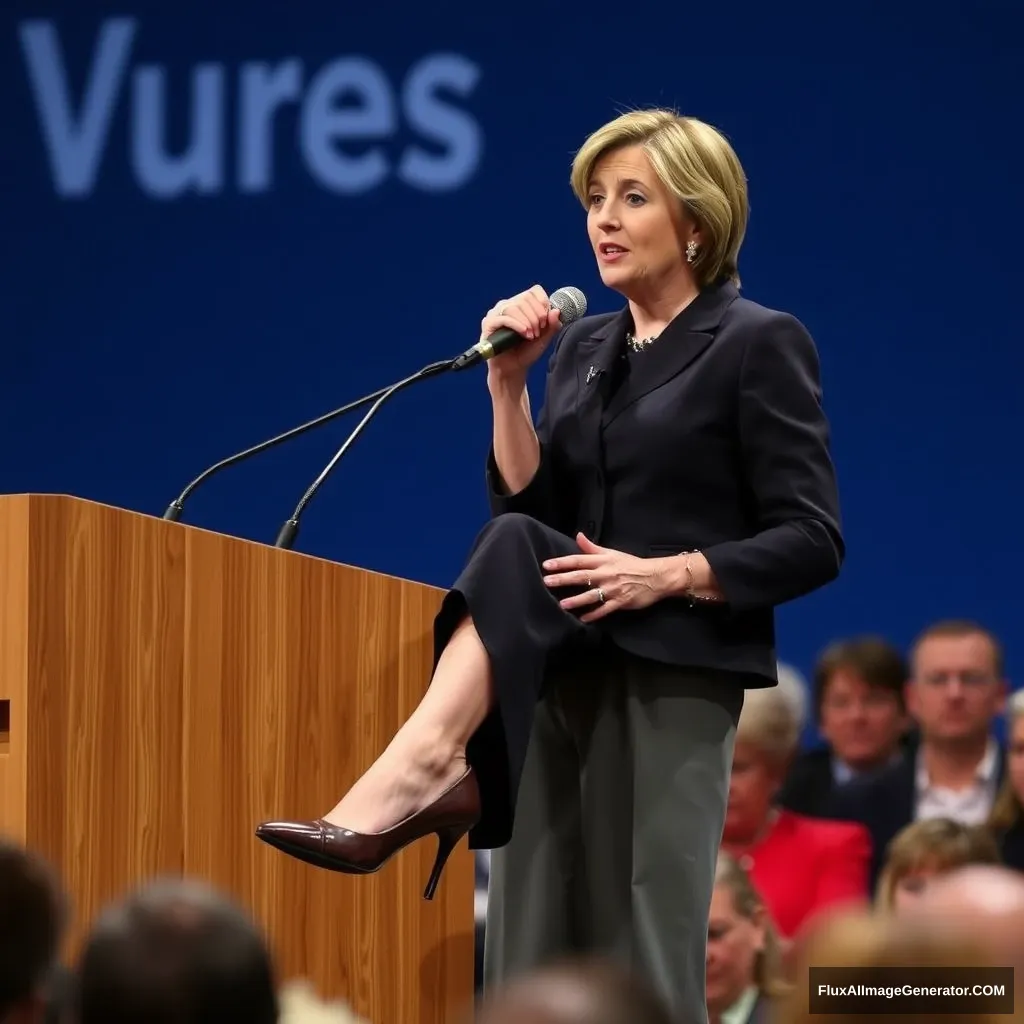 A woman politician secretly hides her feet out of her shoes while giving a speech. - Image