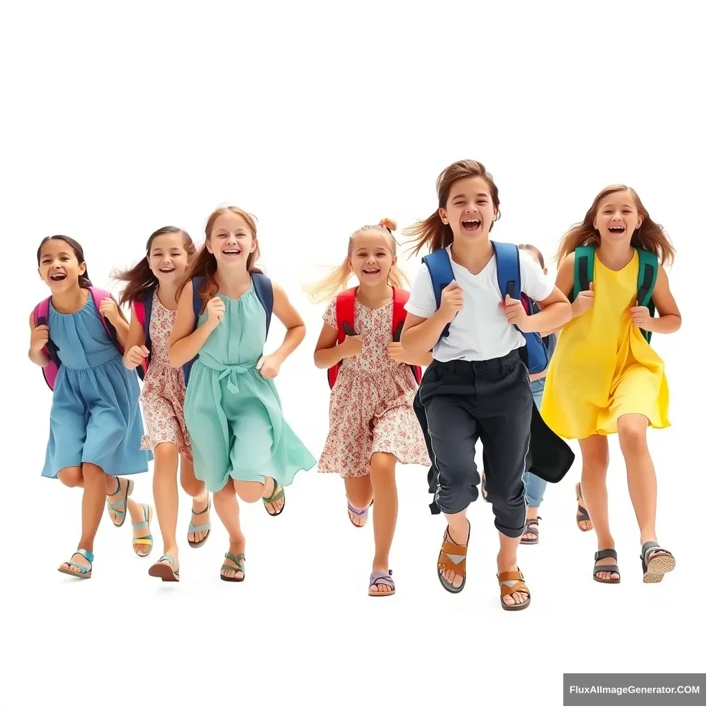 "Create a photo with a group of 16-year-old teenage girls and some boys, wearing dresses and sandals. They are joyfully running towards the camera because the holidays are starting. They are carrying school backpacks and cheering. The background is white, no text. The children are fully visible."