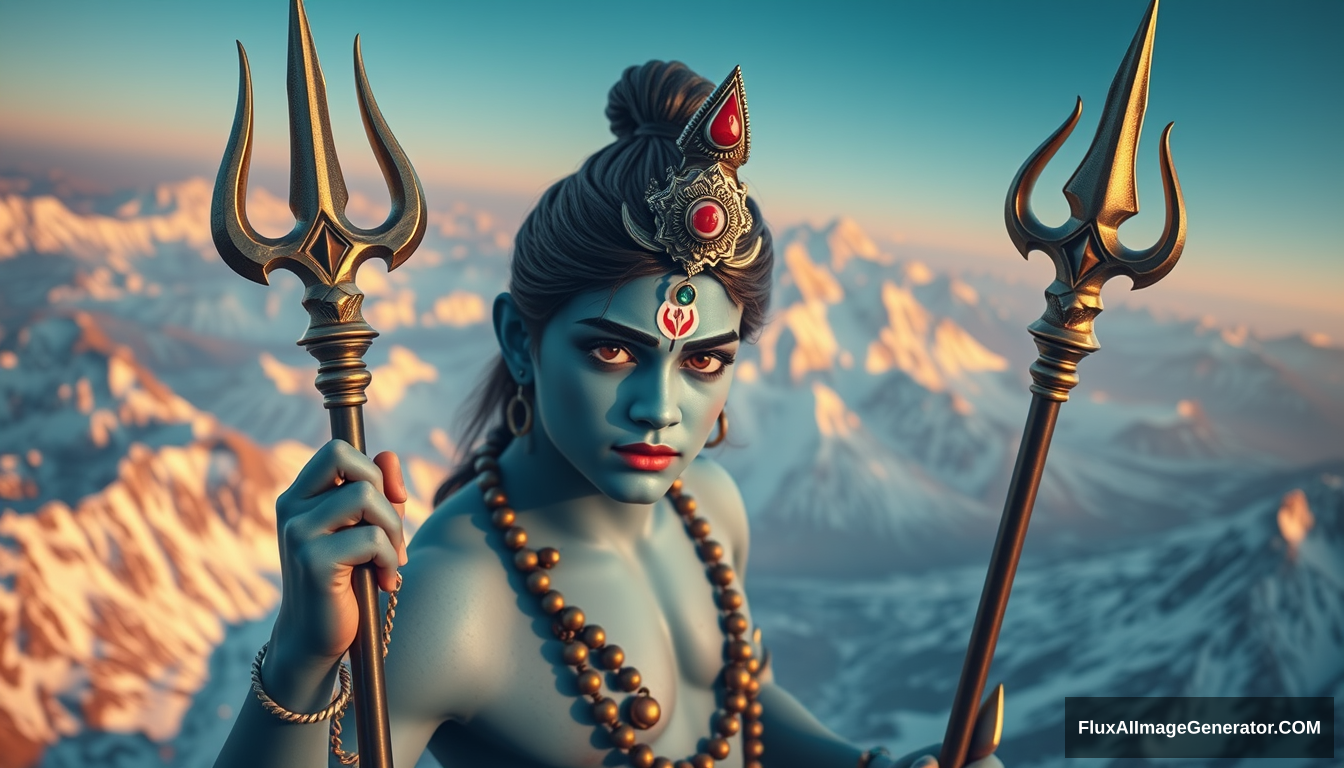 young Mahadev, trident, 3 eyes, evening, snow mountains, bird's eye view, blue skin