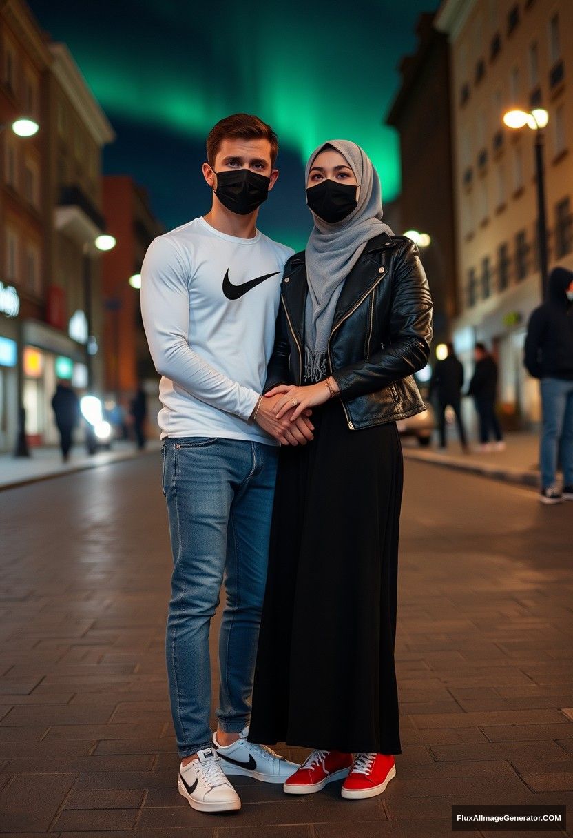 Jamie Dornan, handsome, black face mask, long sleeve white Nike t-shirt, jeans, sneakers, 

dating, love, romantic with a grey hijab Muslim girl, beautiful eyes, black face mask, leather jacket, very long and big skirt, not a tall girl, red sneakers, 

holding hands, in town, photorealistic, street photography, full photography, selfie photos, night scenery, aurora.