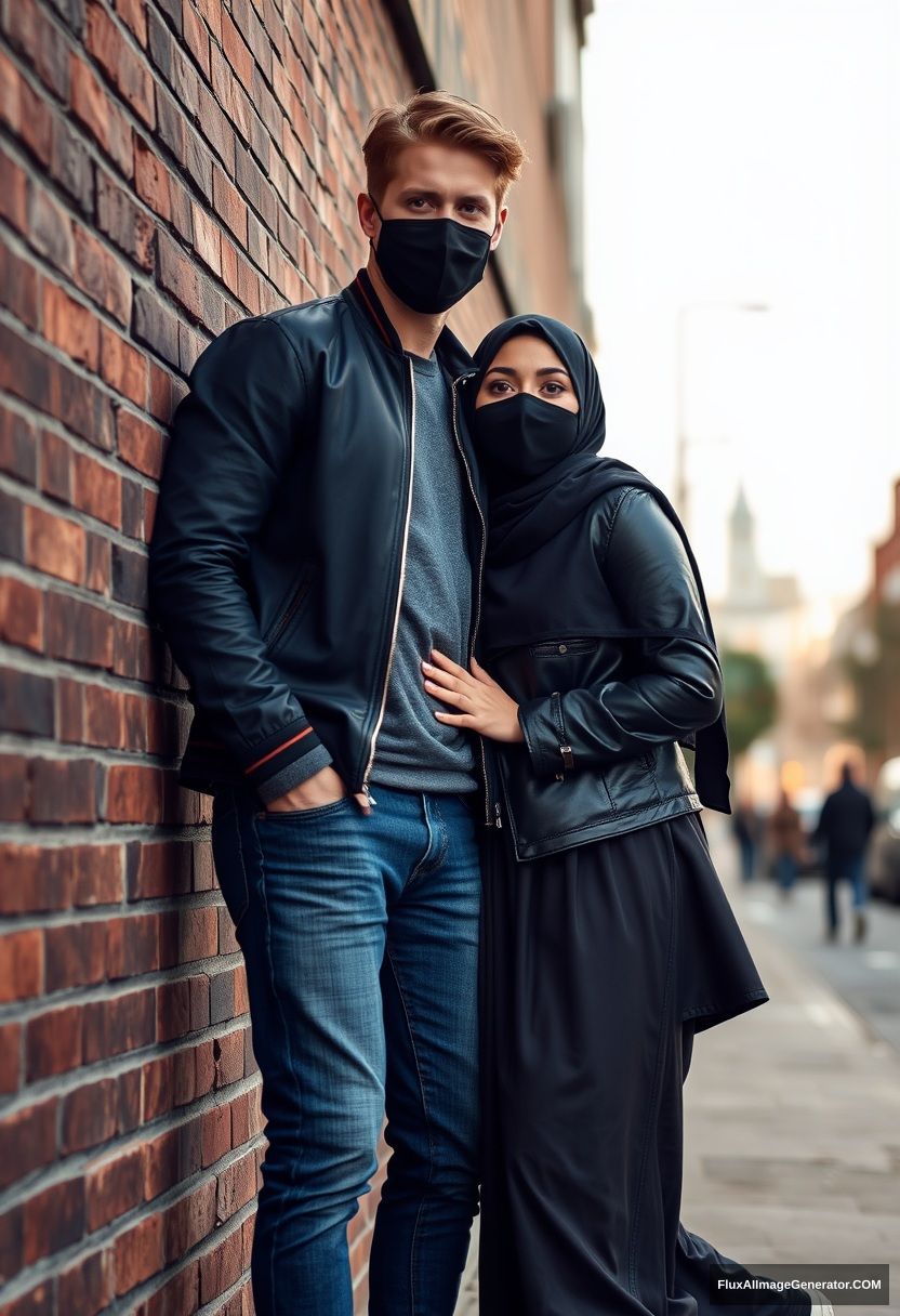 Jamie Dornan, handsome, young, black face mask, collage jacket, jeans, dating a beautiful Muslim girl in a big black hijab with beautiful eyes, black face mask, black leather jacket, the biggest skirt standing and lying against a brick wall, town, morning scenery, photorealistic, street photography.