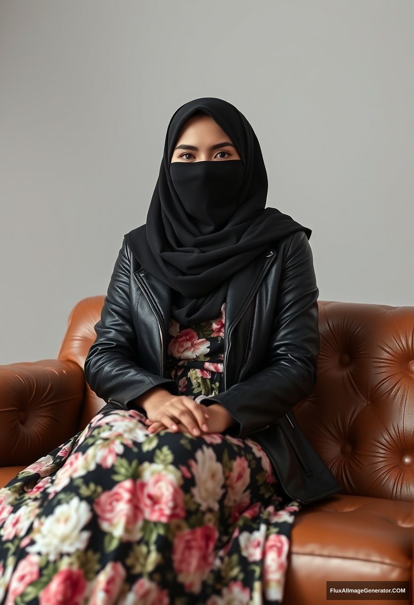 A biggest black hijab girl, burqa, beautiful eyes, black leather jacket, biggest floral long dress, sitting on leather single sofa, hyper-realistic, studio photography. - Image