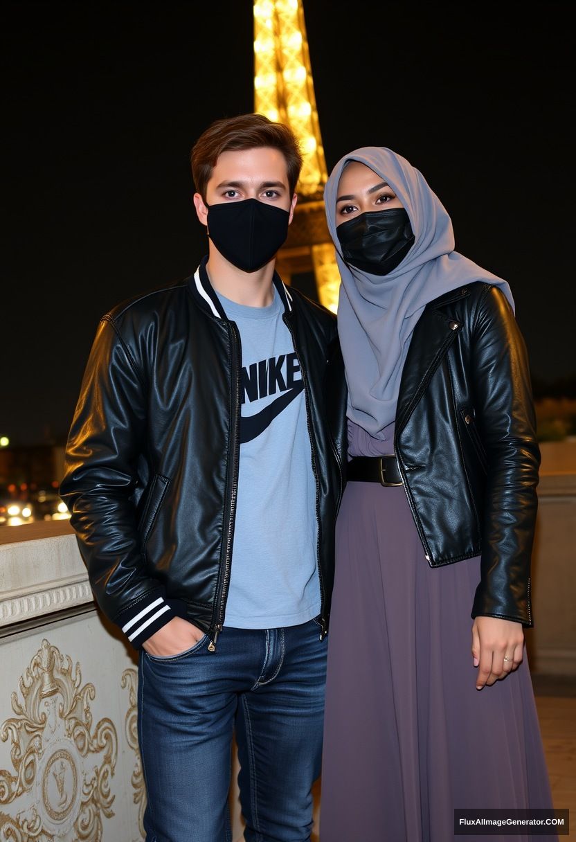 Jamie Dornan, youngest, black face mask, collage jacket, Nike t-shirt, jeans, tall man, fit body,

Dating, love with the biggest grey hijab Muslim girl, beautiful eyes, black face mask, leather jacket, biggest longest skirt, cute short girl,

standing near the Eiffel Tower, night scenery, hyper-realistic, photorealistic, street photography, selfie photos.