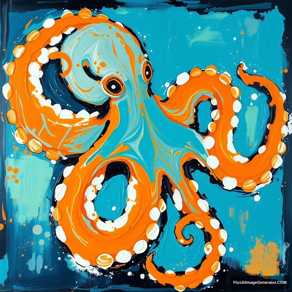 beautiful, impasto, very visible brushstrokes, oil paint, golden ratio, abstract, conceptual art, abstract expressionism, want to express the tension between orange turquoise hues of blue white and black, an ancient greece octopus insinuated, in the Style of Brussiere