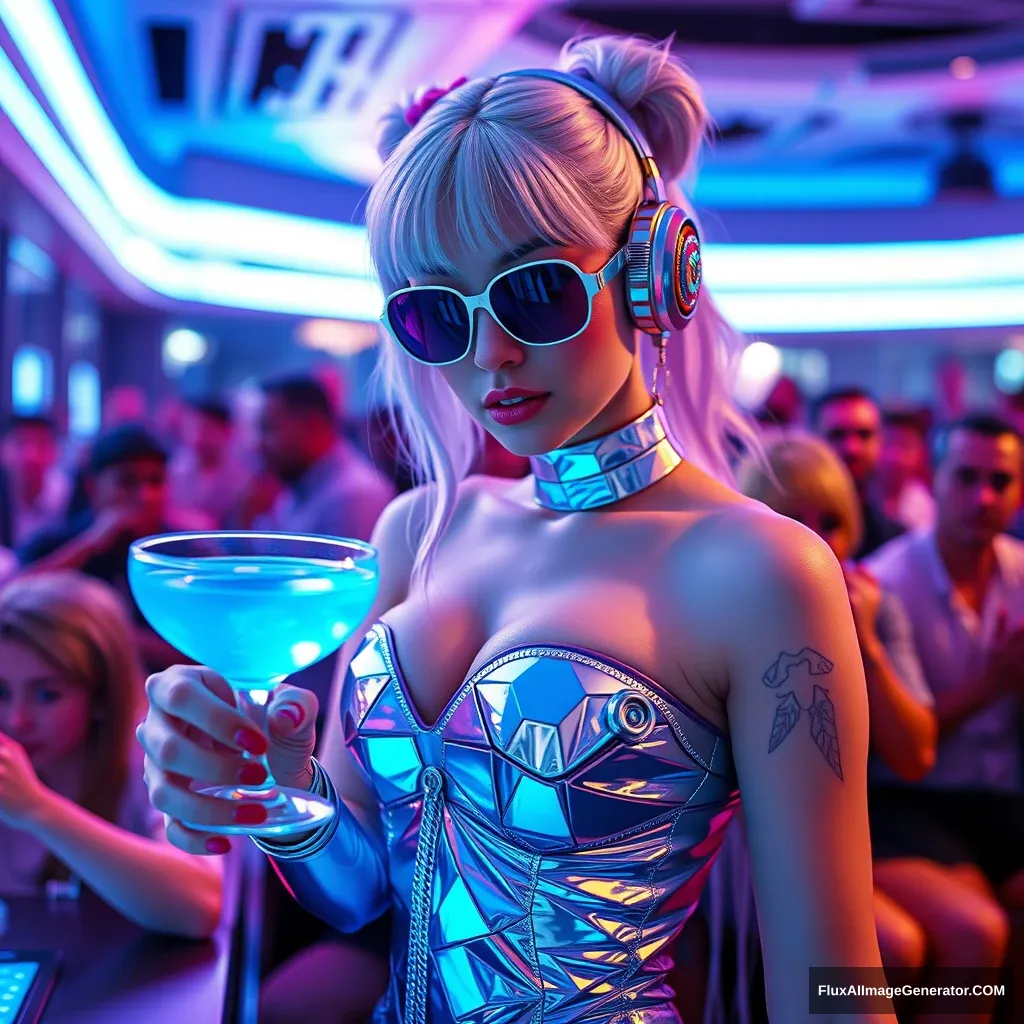 Silver-blue, futuristic, cyberpunk style, a girl hands a blue cocktail to the audience.