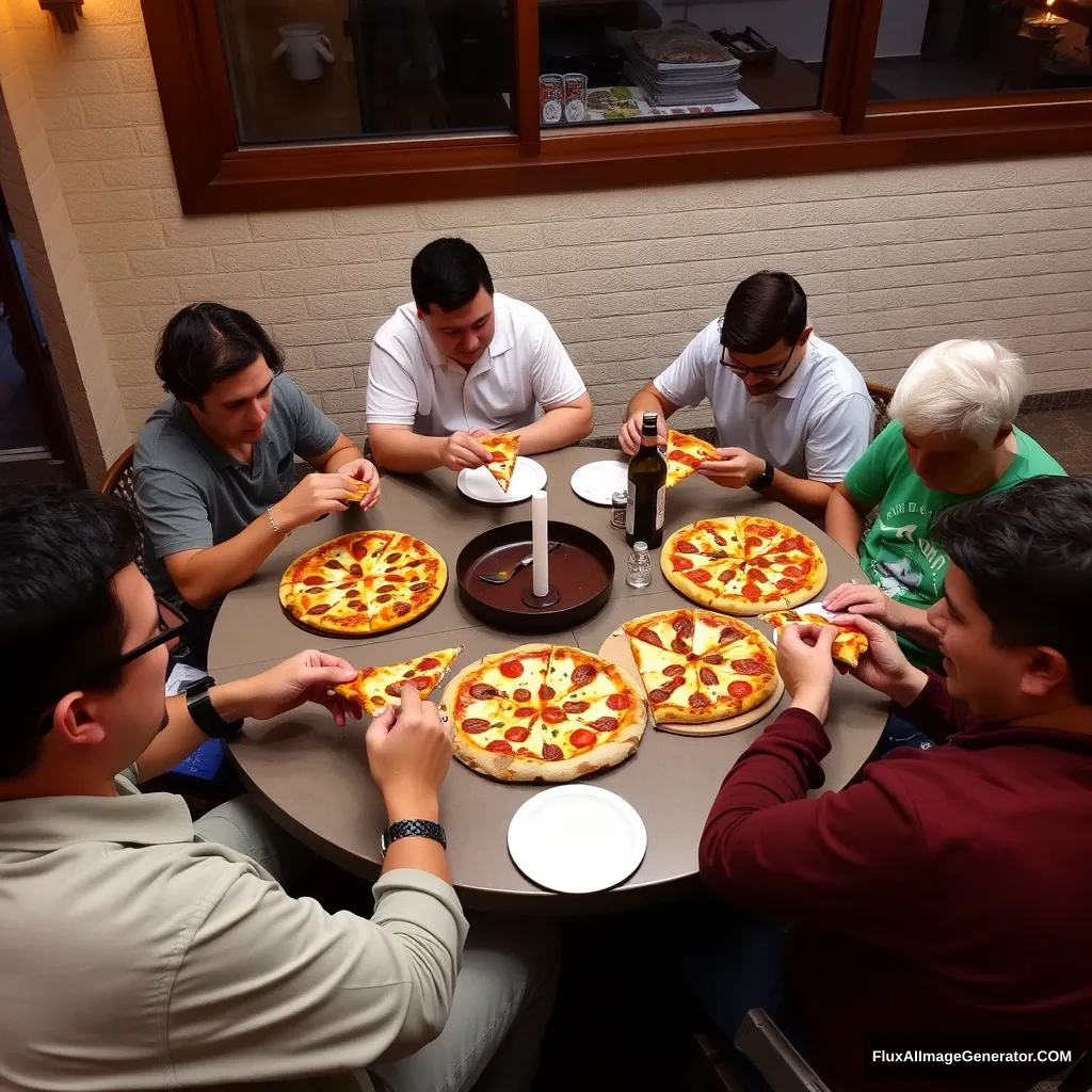 A group of people sitting around eating pizza together. - Image