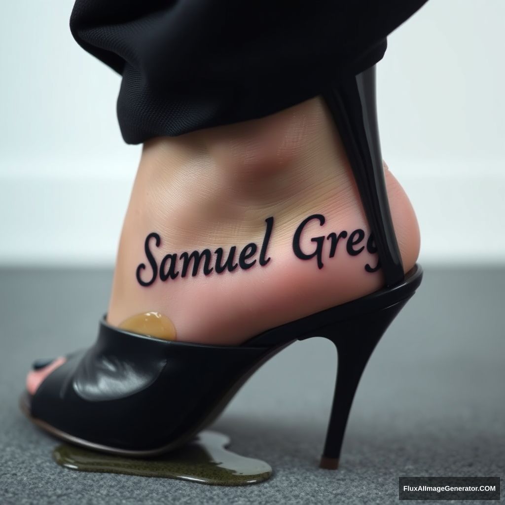 The name "Samuel Greg" on a woman's foot in a black high heel. There is oil all over the foot. - Image