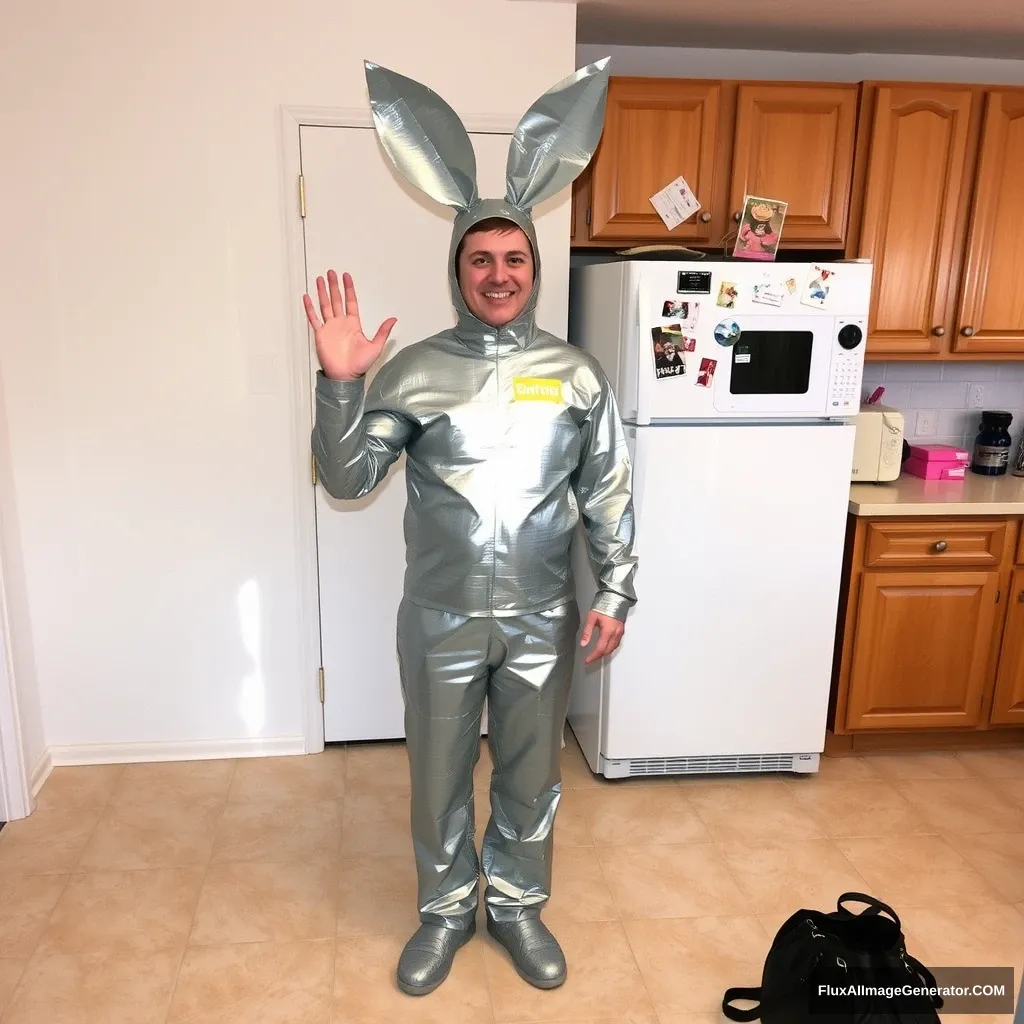 This is a photograph of a person dressed in a homemade bunny costume made entirely of silver duct tape, standing in a kitchen. The person is wearing a full-body suit made of the duct tape, covering their head, arms, legs, and body. The costume includes large, floppy rabbit ears attached to the head, and the person is holding up one hand in a waving gesture. The person's facial expression is friendly and cheerful, with a wide smile.

The kitchen background features light-colored linoleum flooring with a diamond pattern. The walls are plain white, and there are wooden cabinets along the top and bottom of the walls. The cabinets have a natural wood finish and appear to be in good condition. A white refrigerator is centrally located in the background, adorned with various magnets, including a small calendar and a picture. To the right of the refrigerator, there is a counter with a microwave and several items, including a pink box and a blue container. A black object, possibly a purse or bag, is visible on the floor in the foreground. The overall atmosphere is casual and homey, with a focus on the playful and creative use of duct tape. - Image