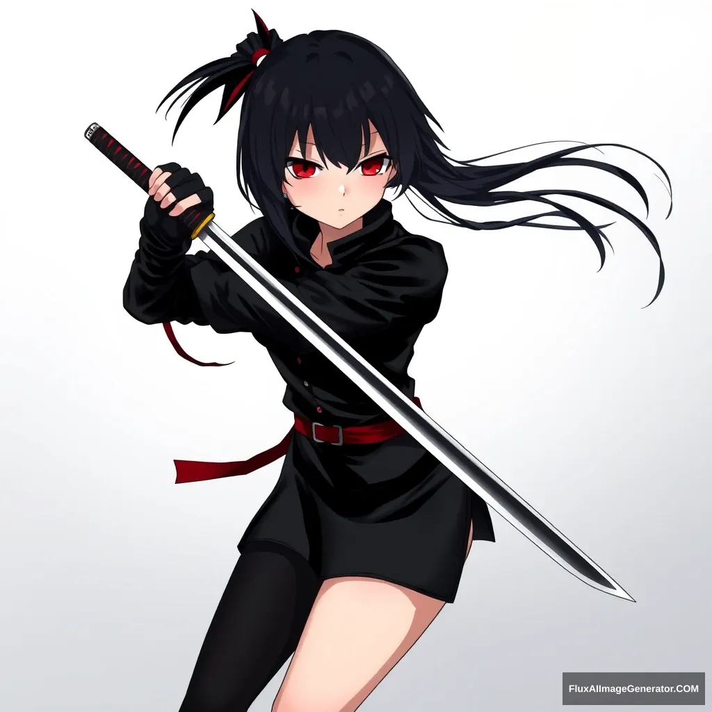 Anime style is important. Seinen style anime. Should look like an assassin with a gradient background. Holding one sharp sword. Black hair, red eyes. And should be a full body drawing. Should include legs. Hold sword straight on. Girl.