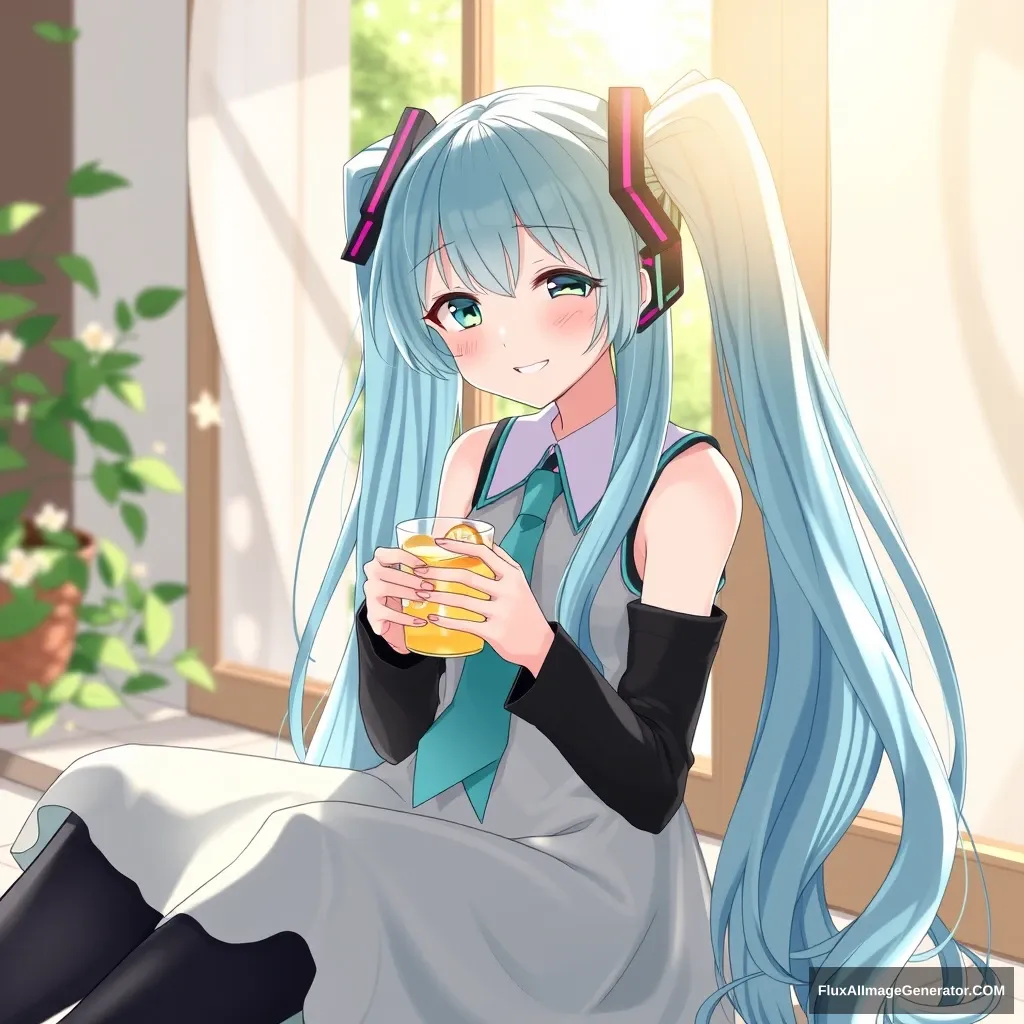 Hatsune Miku sat leisurely in the sunlight, holding a refreshing cup of lemon tea, smiling as she enjoyed the tranquility and sweetness of the moment.