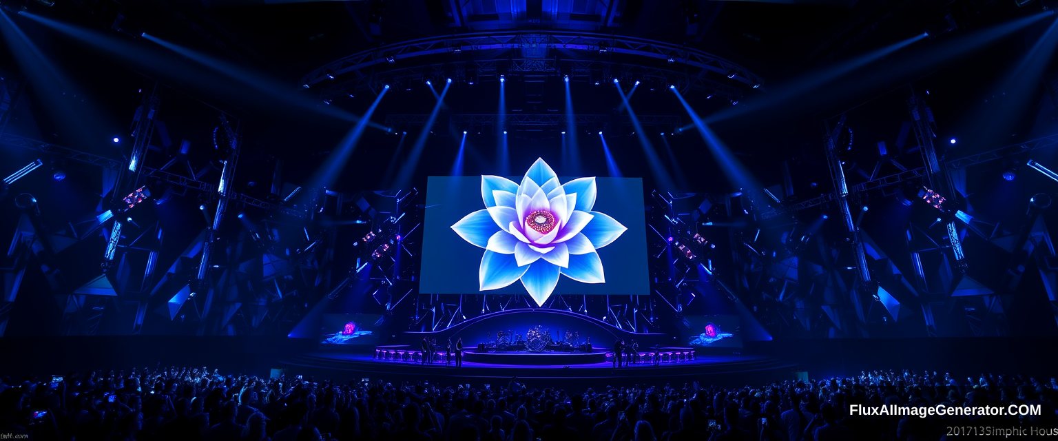 Music stage inspired by diamonds, large LED screen in the center inspired by the flower in the photo link: https://www.msb.com.vn/documents/20121/0/MFirst_poster_1200x628px.png/9473c12e-4c95-2ae1-4d5a-6fb863910f50?t=1680687044173  
Dark blue tone, spotlights, crowded audience, luxurious, inspired by the flower in the photo. - Image