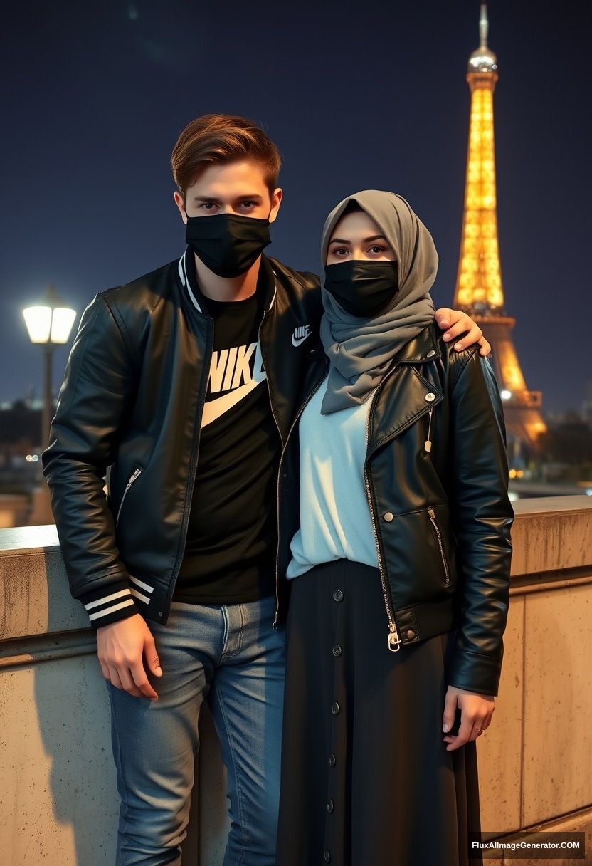 Jamie Dornan, youngest, black face mask, collage jacket, Nike t-shirt, jeans, tall man, fit body,

Dating, love with the biggest grey hijab Muslim girl, beautiful eyes, black face mask, leather jacket, biggest longest skirt, cute not tall girl,

standing against a wall, an Eiffel Tower, night scenery, hyper-realistic, photorealistic, street photography. - Image