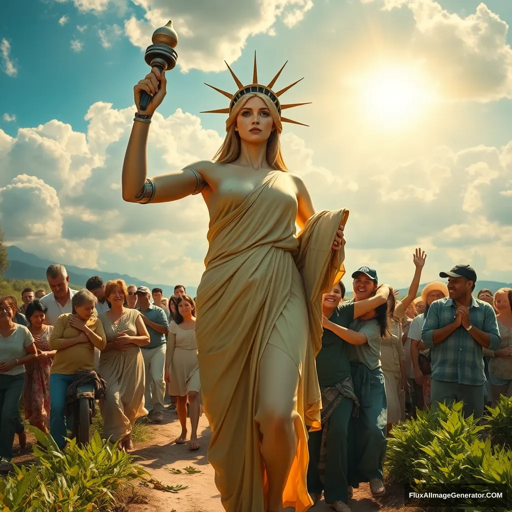 A powerful and inspiring image depicting the concept of freedom and food sovereignty. In the foreground, a goddess symbolizing liberty leads the people towards a bright future, reminiscent of the iconic painting 'Liberty Leading the People.' The nude lady appears mostly human, with only about 10% of her body showing robotic elements, such as a mechanical arm or eye. She is surrounded by families and individuals who are joyous and supportive, embracing and helping each other. The scene is vibrant and full of hope, capturing the essence of unity, progress, and decentralized, family-based agricultural production.